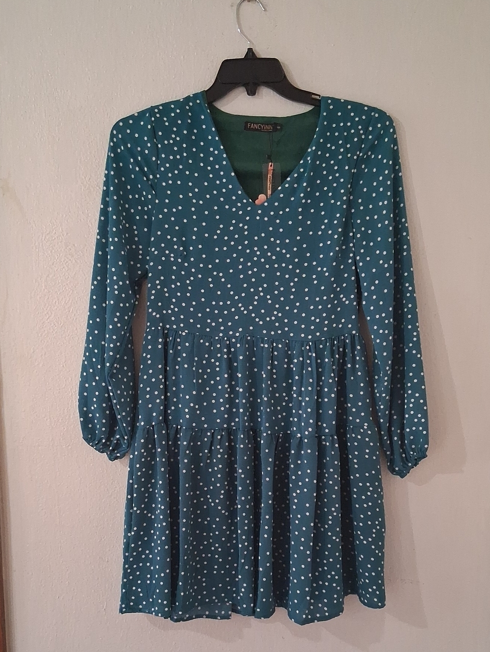 Teal White Polka Dot Long Sleeve Tiered Dress